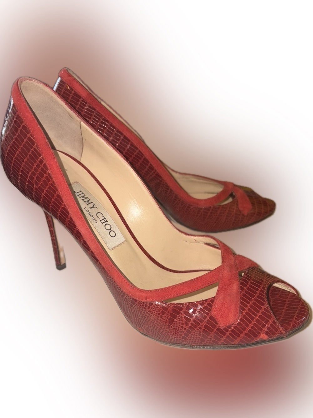 Jimmy Choo Red Croc-Effect Peep-Toe Pumps